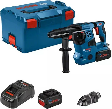 Çekiç shpues (perforator) Bosch GBH 18V-28 CF, 18V, SDS Plus, 2x 8Ah, brushless, me valixhe, zi/blu/kuqe