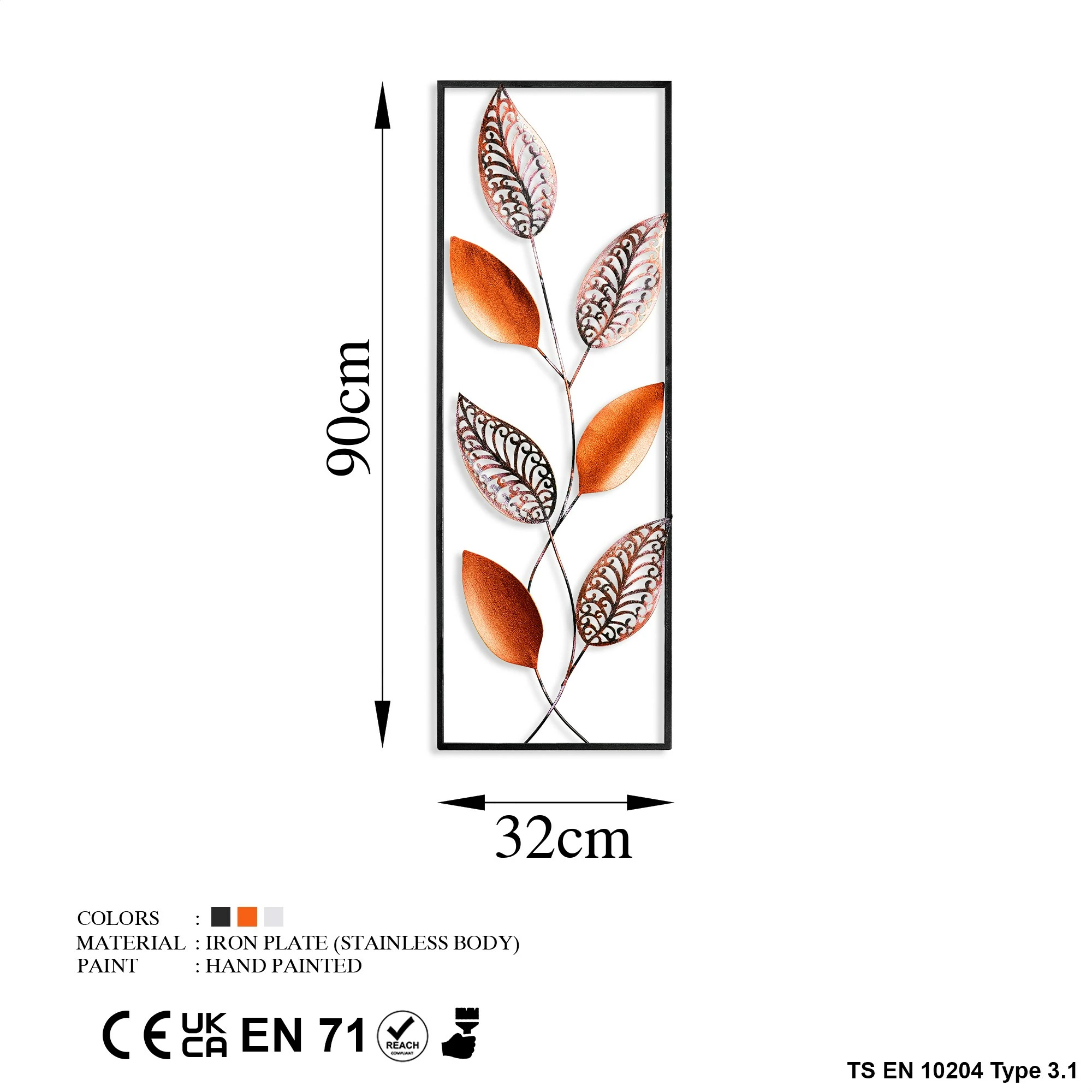 Aksesor dekorativ metalik për mur, Wallity, Leaf 3, shumëngjyrësh, 32x90cm