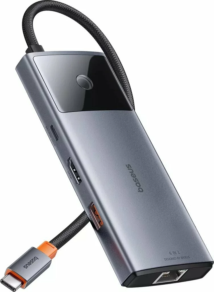 Hub USB Baseus Metal Gleam Series II 6-në-1 USB-C, HDMI 4K@60Hz, RJ-45 1Gbps, USB-C PD 100W, 2x USB-A 3.2 Gen2 10Gbps, gri
