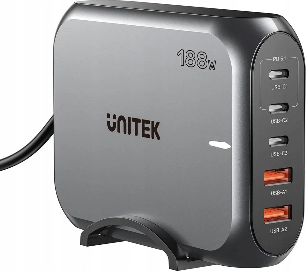 Karikues rrjeti GaN UNITEK P1234AGY01-EU, 188W, 3x USB-C, 2x USB-A, Gri