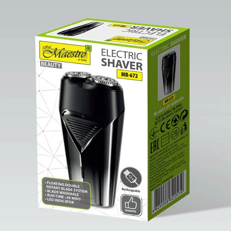 Makinë rroje elektrike udhëtimi meshkuj, Feel‑Maestro MR-672, 45 min, USB-C, 2 koka prerëse, 600 mAh, e zezë/argjend