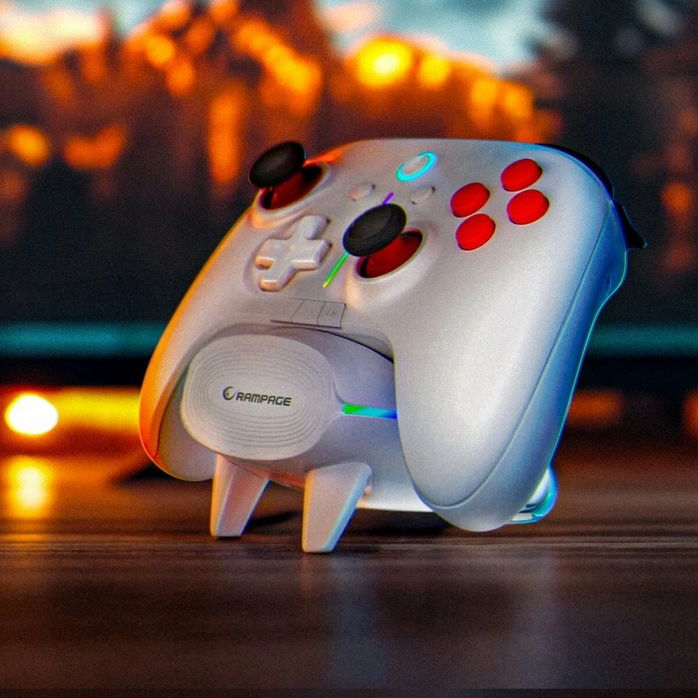 Kontroller loje Rampage Hydra Pro (HYDRAPRO-WHITE), RGB, Bluetooth/2.4GHz/USB, me stacion karikimi, Bardhë