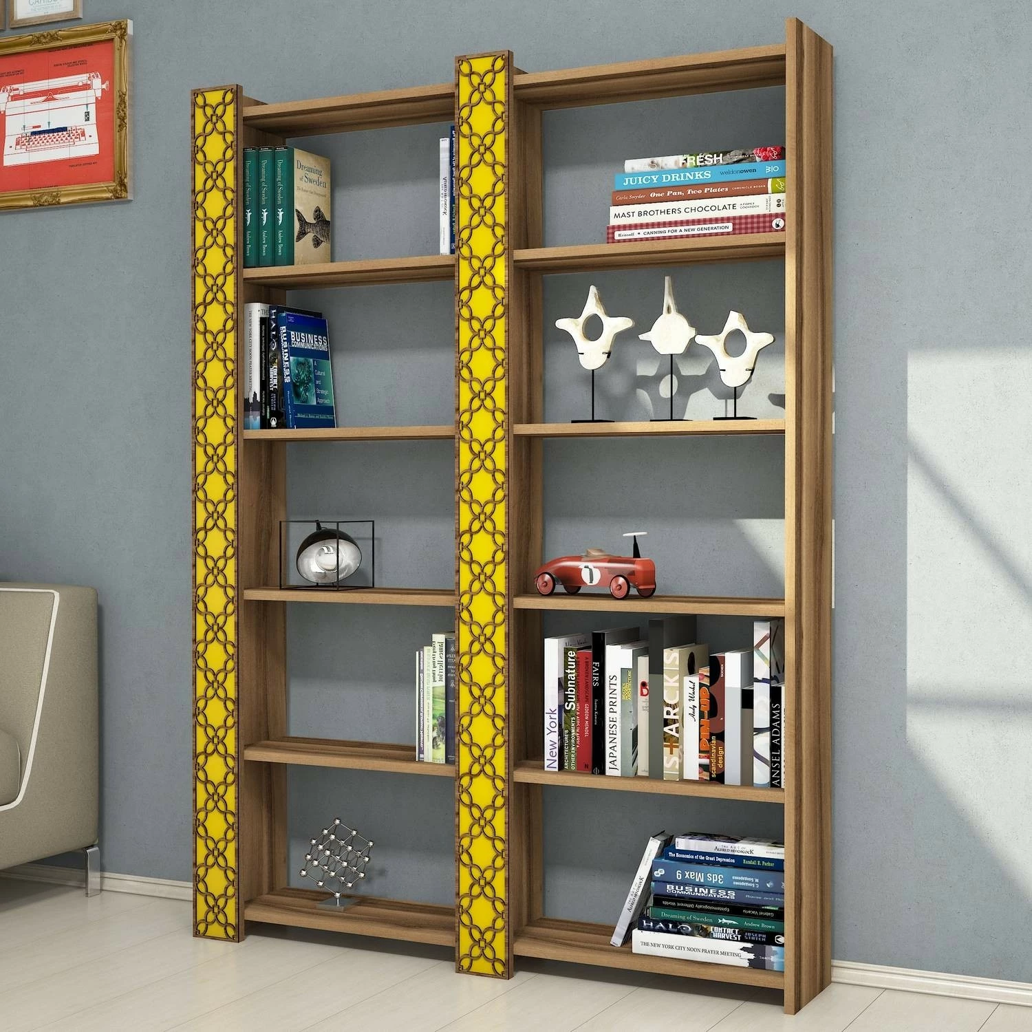Raft librash Skye Decor City 2, ngjyrë arre dhe e verdhë