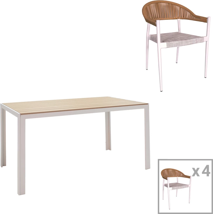 Set tavolinë me karrige për terasë Nares-Elation, alumin i bardhë, plywood natyral, 140x80x72.5cm, 5 pjesë