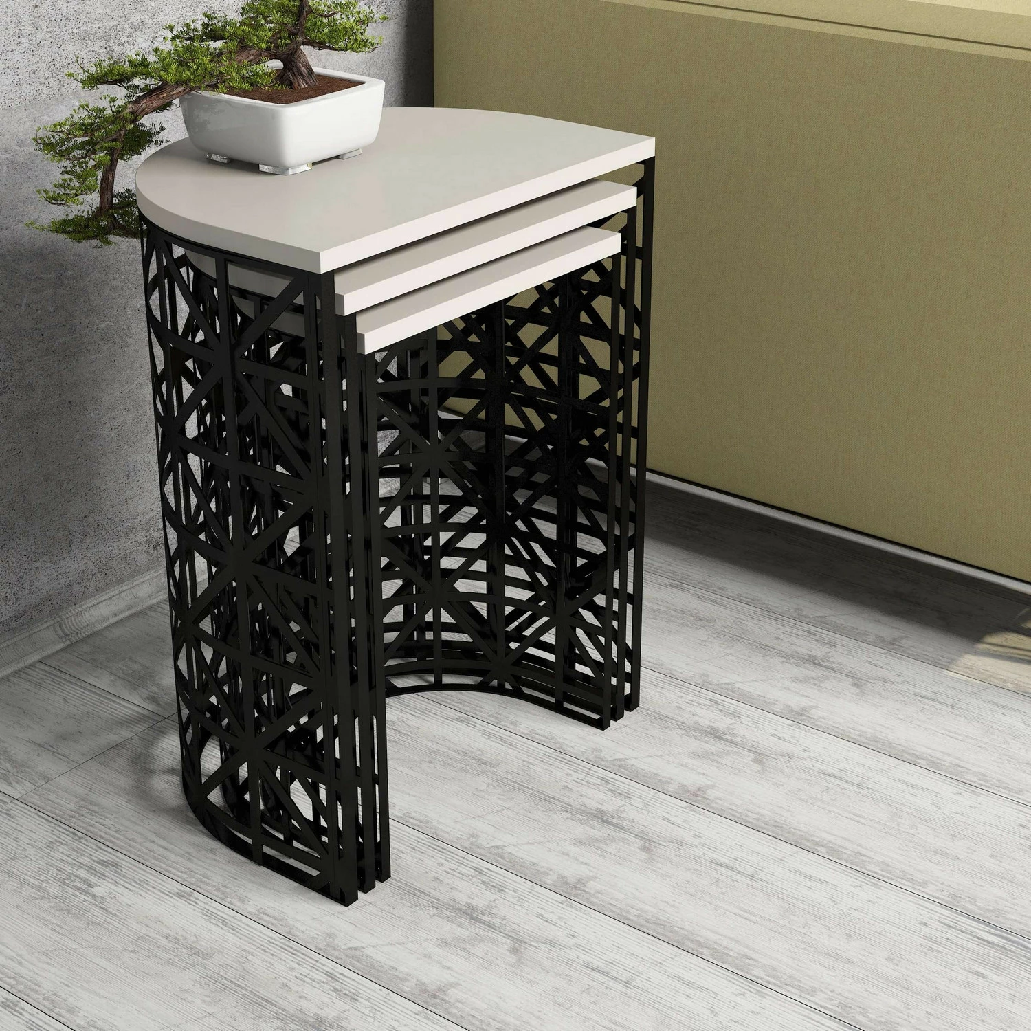 Set tavolinash ndihmëse (3 copë), Skye Decor, stil metal ferforje, krem