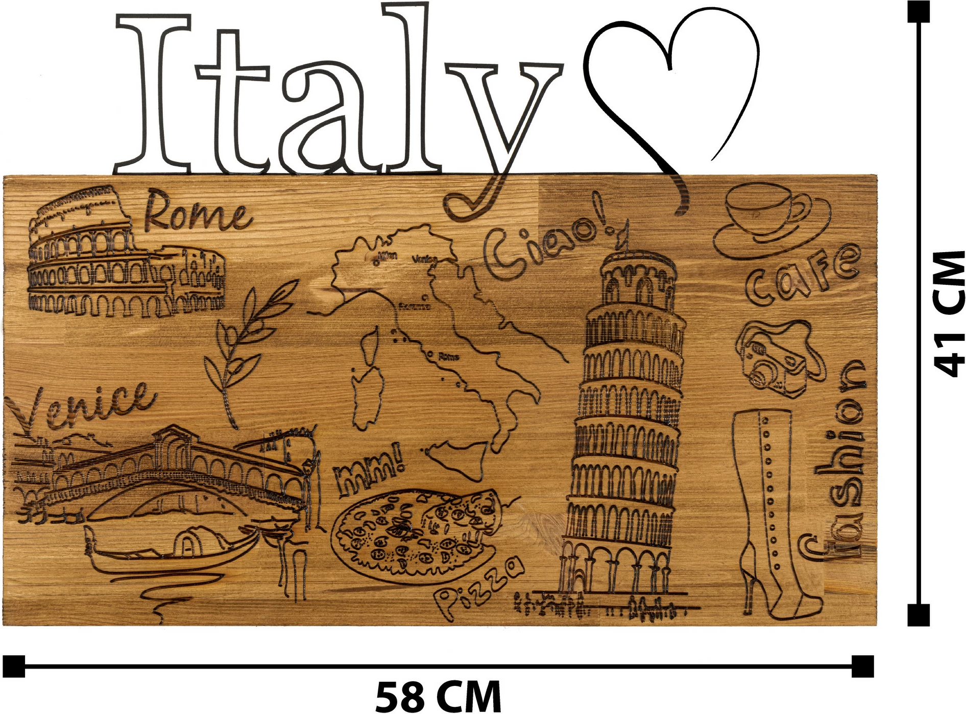 Aksesor dekorativ për mur, dru dhe metal, 'I Love You Italy', ngjyrë e zezë dhe arre, 58x41cm