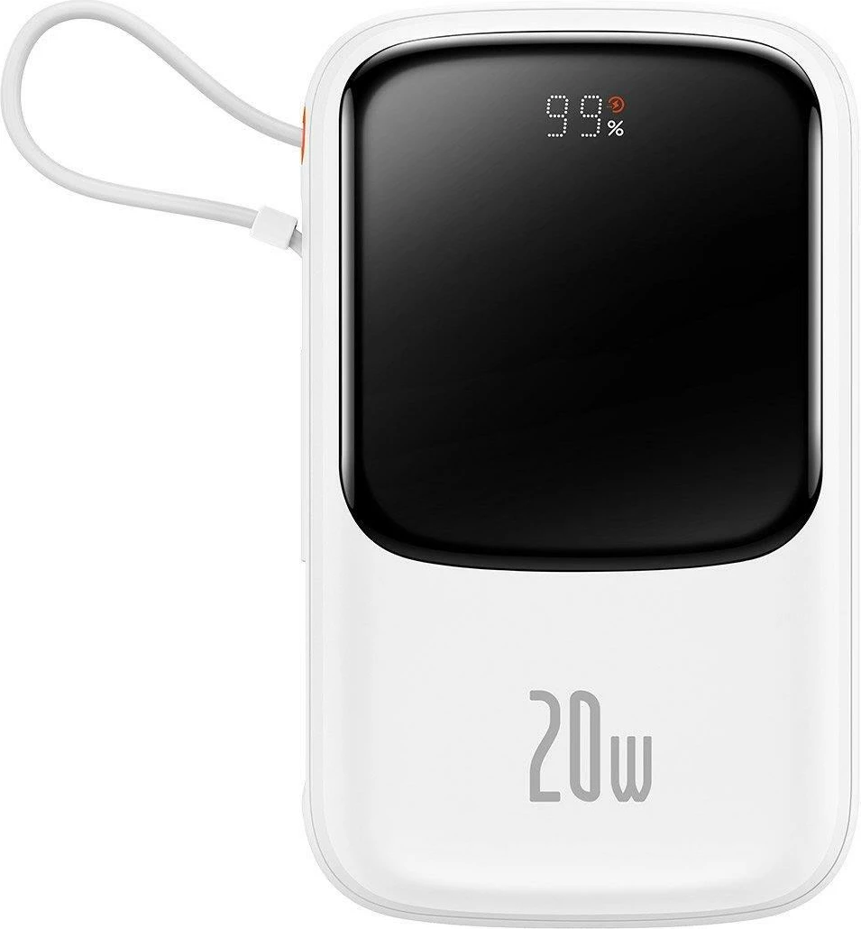 Power bank Baseus Qpow, 10000mAh, 20W, me kabllo Lightning të integruar, Bardhë