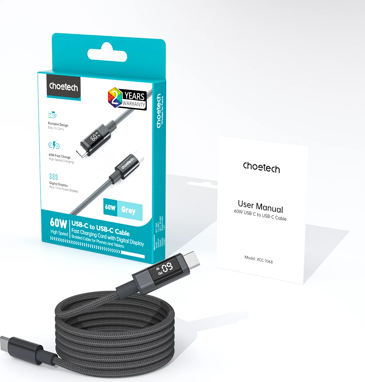 Kabllo USB-C në USB-C Choetech XCC-1068 PD 60W 1.2 m me display, e zezë