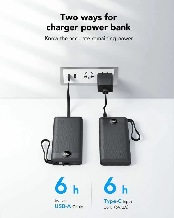 Power bank portativ VEGER C10 10000 mAh me kabllo të integrume, i zi