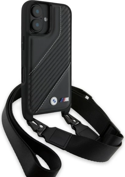 Mbështjellës BMW M Edition Carbon Stripe & Strap për iPhone 16 Plus, i zi