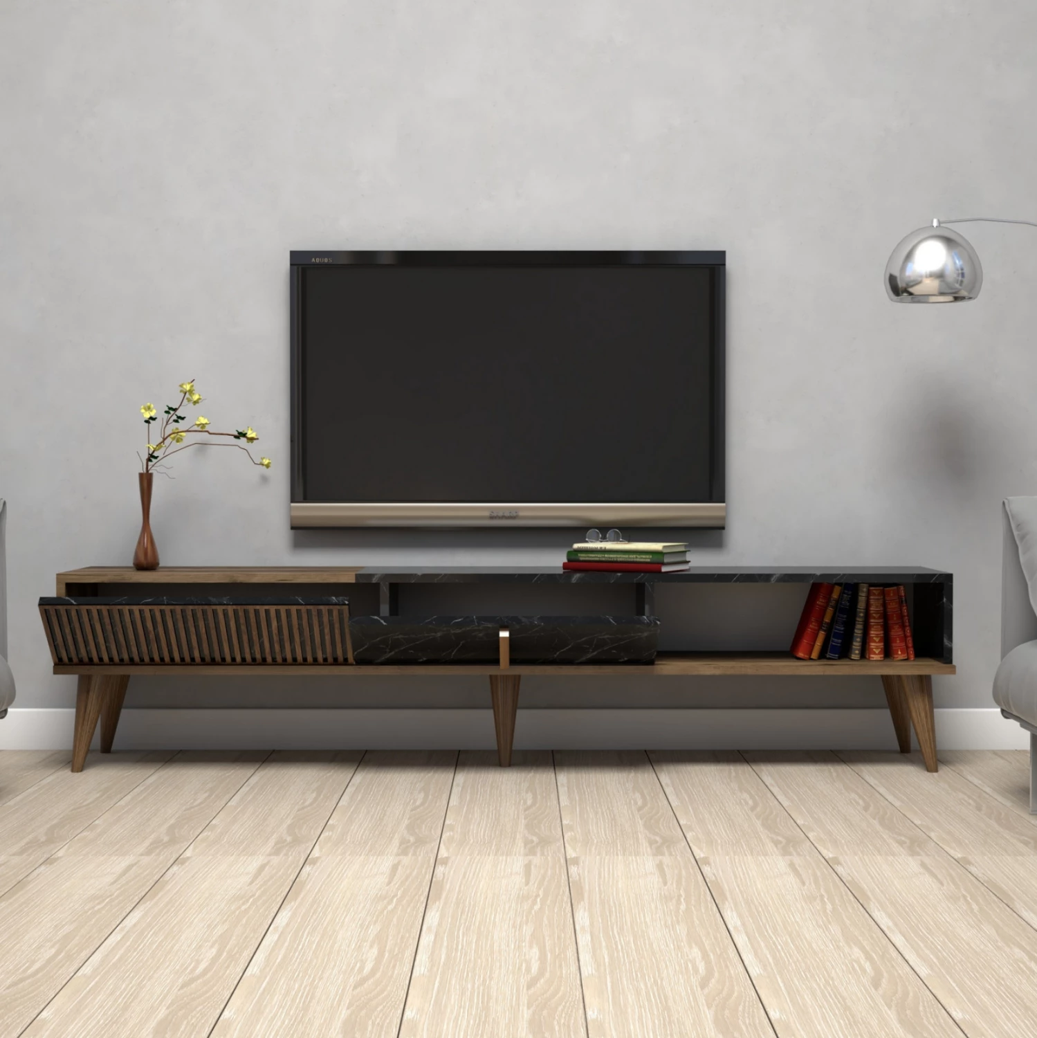 Mbajtës TV, FH9512.02, melaminë, ngjyrë arre dhe mermer i zi, 180x35x40Hcm
