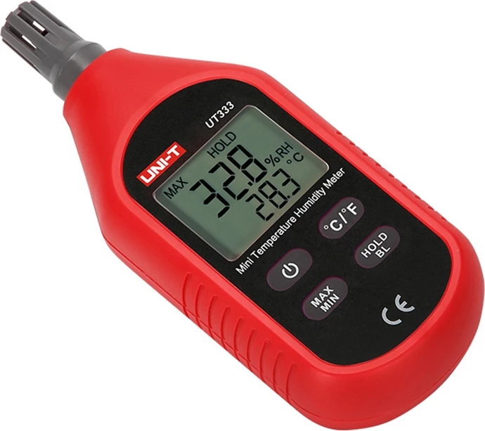 Matës temperature dhe lagështie, UNI-T UT333, diapazon -10°C–60°C dhe 0–100% RH, ekran me ndriçim, MAX/MIN, Data Hold
