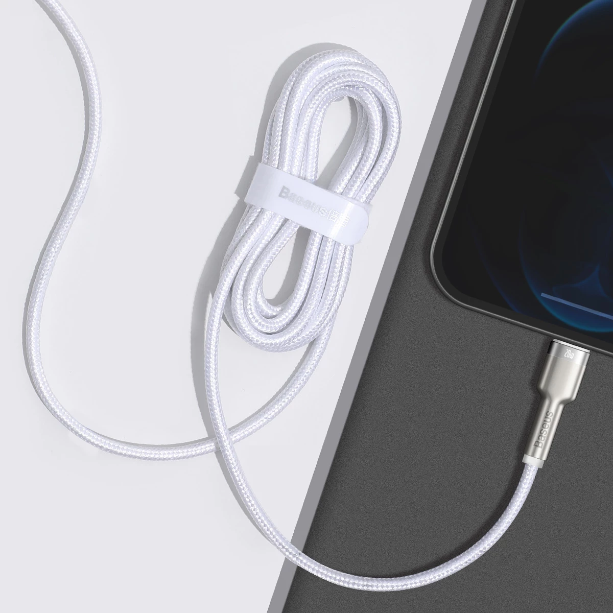 Kabllo Baseus Cafule Series Metal Data CATLJK-B02, USB-C në Lightning, 2m, 20W, Bardhë