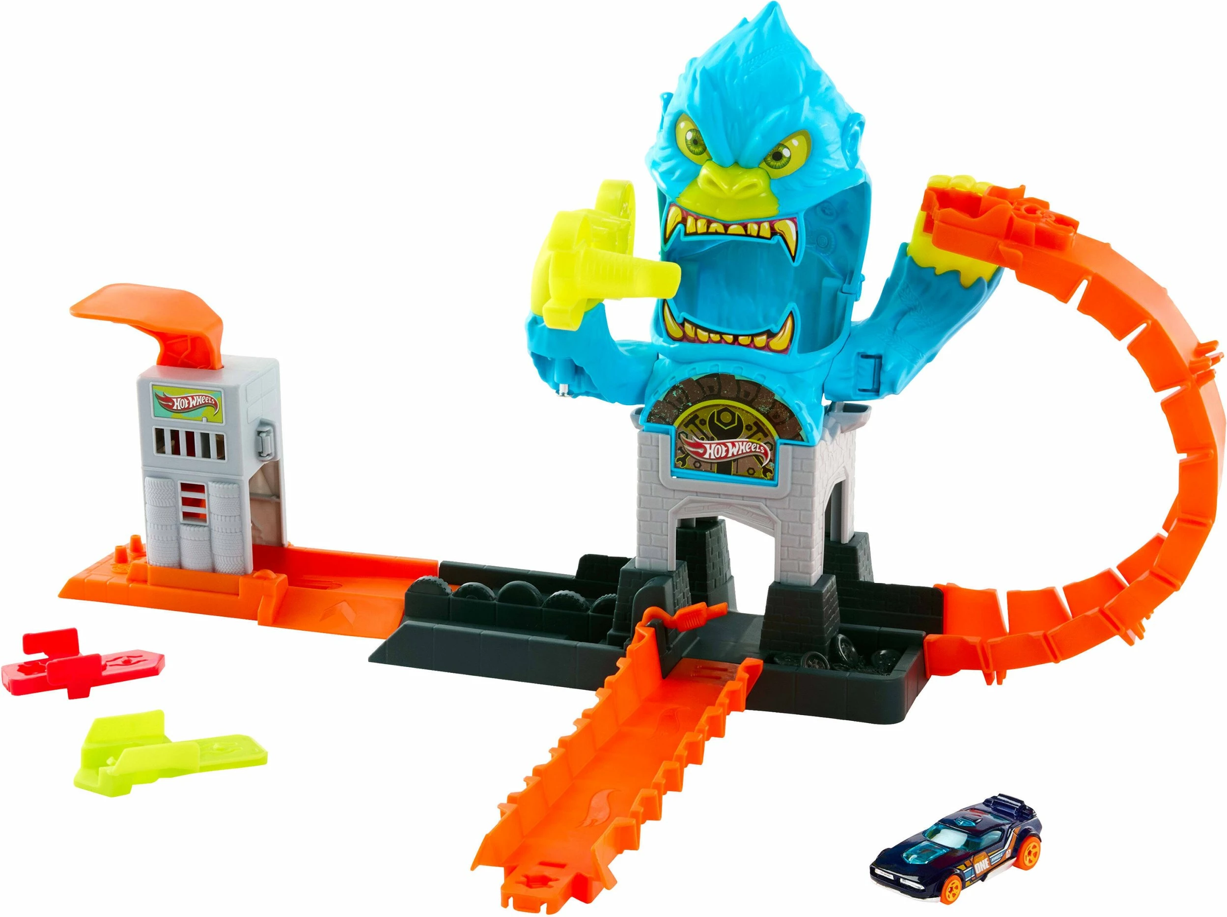 Set pistë Hot Wheels City Hungry Gorilla me launcher, Mattel JHL92, 1 makinë 1:64, 4+ vjeç, portokalli/blu