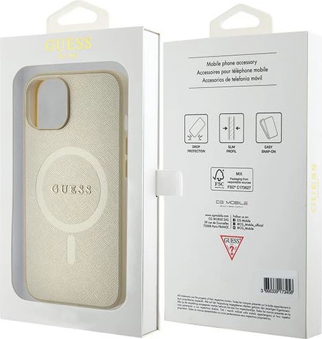 Mbështjellës Guess GUHMP15SPSAHMCB për iPhone 15 6.1", Saffiano MagSafe, ari