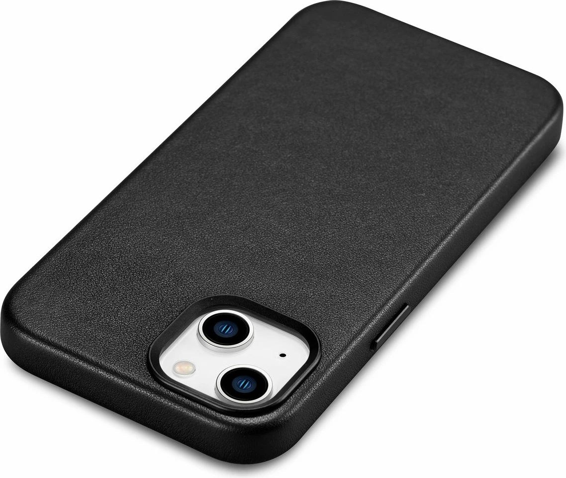 Mbështjellës iCarer për iPhone 14 Plus, lëkurë natyrale, MagSafe, zi