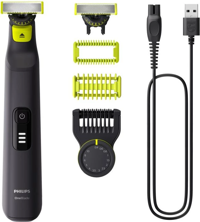 Makinë rroje Philips OneBlade Pro QP6542/15 Face & Body, trimmer i rregullueshëm, i rikarikueshëm me USB, tregues baterie LED, e zezë/jeshile