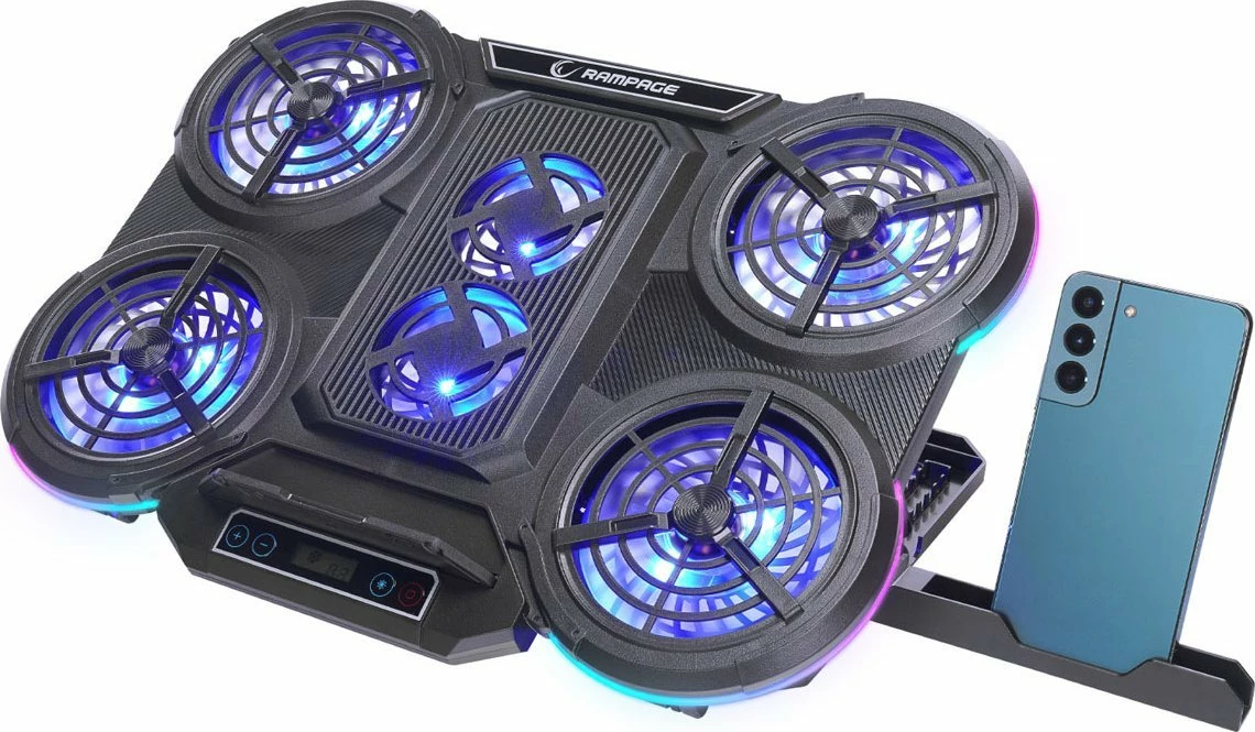 Bazë ftohëse për laptop Rampage Prote R6 10-17\", RGB, rregullueshme, 2x USB, e zezë