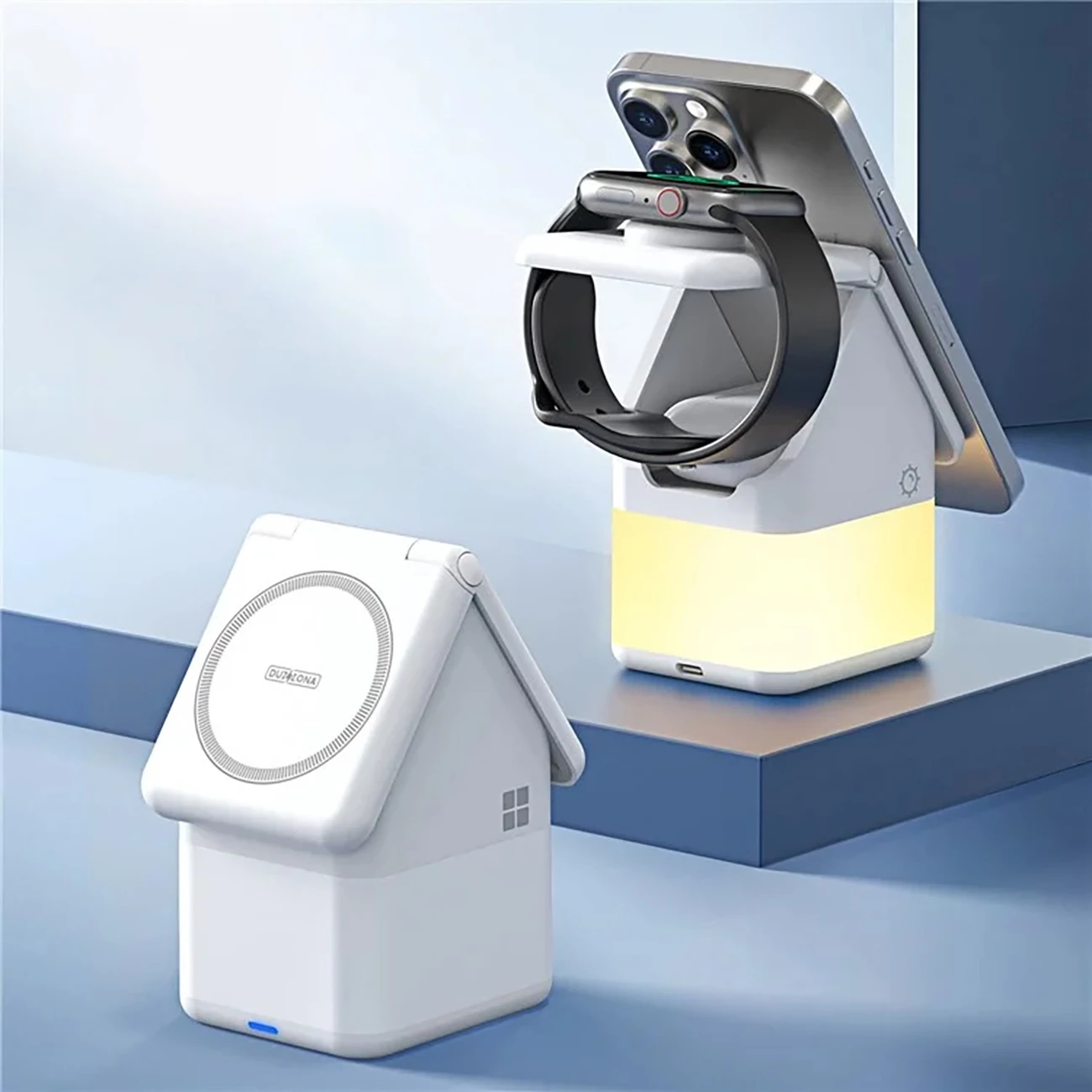 Karikues wireless Duzzona W20 4-në-1 me llambë nate, 15W, për iPhone/Apple Watch/AirPods, Bardhë