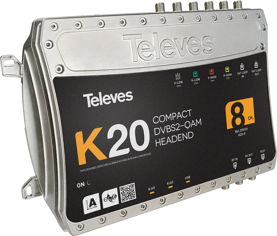 Headend digjital Televes K20-8, DVB-S2 në QAM, 8 kanale, 950-2150 MHz, 75Ω, zi/argjend