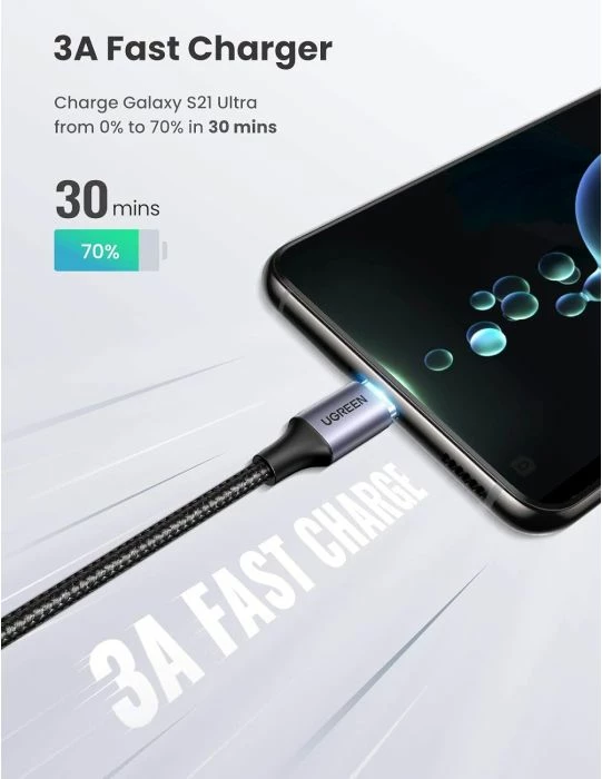 kabllo USB-C në USB-C UGREEN 50125, 60W, 2m, kënd 90°, e thurur najloni, e zezë/argjend