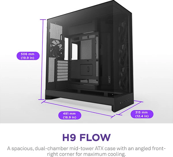 Kasë NZXT H9 Flow Midi Tower, ATX/EATX/mATX/Mini-ITX, xham i temperuar, e zezë