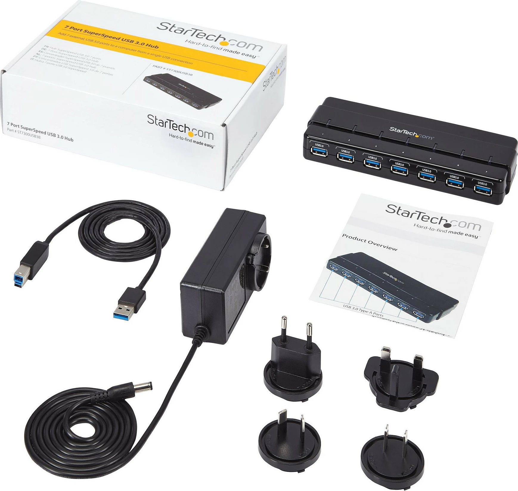 USB hub StarTech ST7300USB3B, 7 porta USB 3.2 Gen 1, 5Gbps, me adapter rryme, i zi