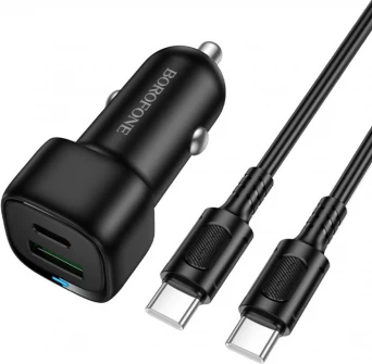 Karikues veture BOROFONE BZ34B PD/QC 3.0 38W (USB-C 20W + USB-A 18W), kabllo USB-C në USB-C 1m, i zi