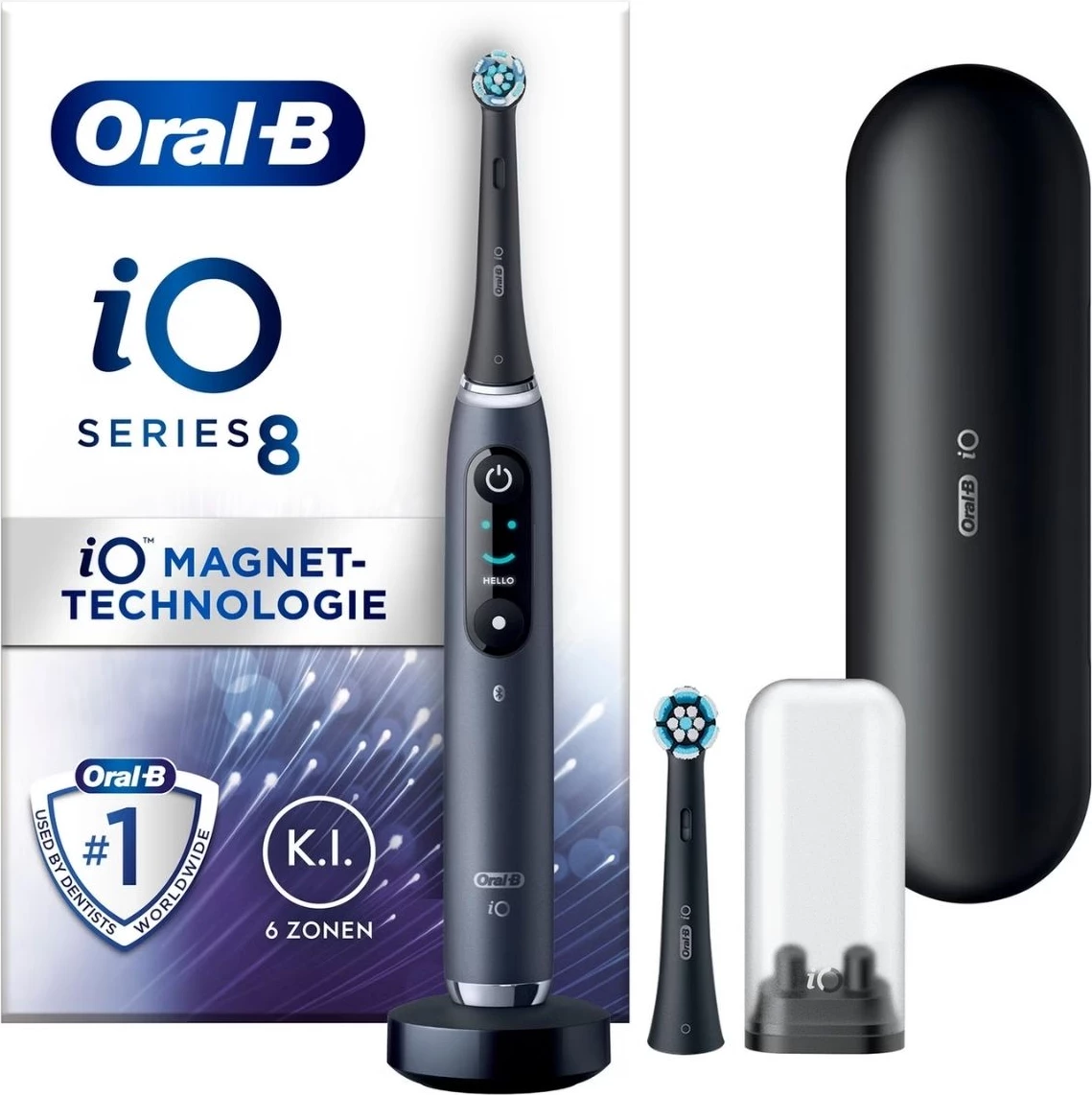 Furçë dhëmbësh elektrike Oral-B iO8N 408567, teknologji magnetike iO, ekran, sensor presioni, me kuti udhëtimi dhe 2 koka, e zezë