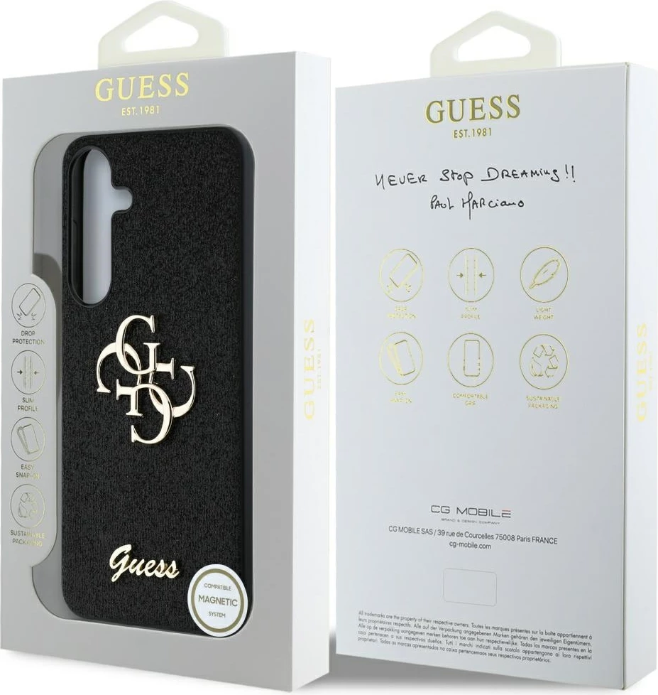 Mbështjellës Guess Fixed Glitter Big 4G Metal Logo për Samsung Galaxy S25 Plus, i zi