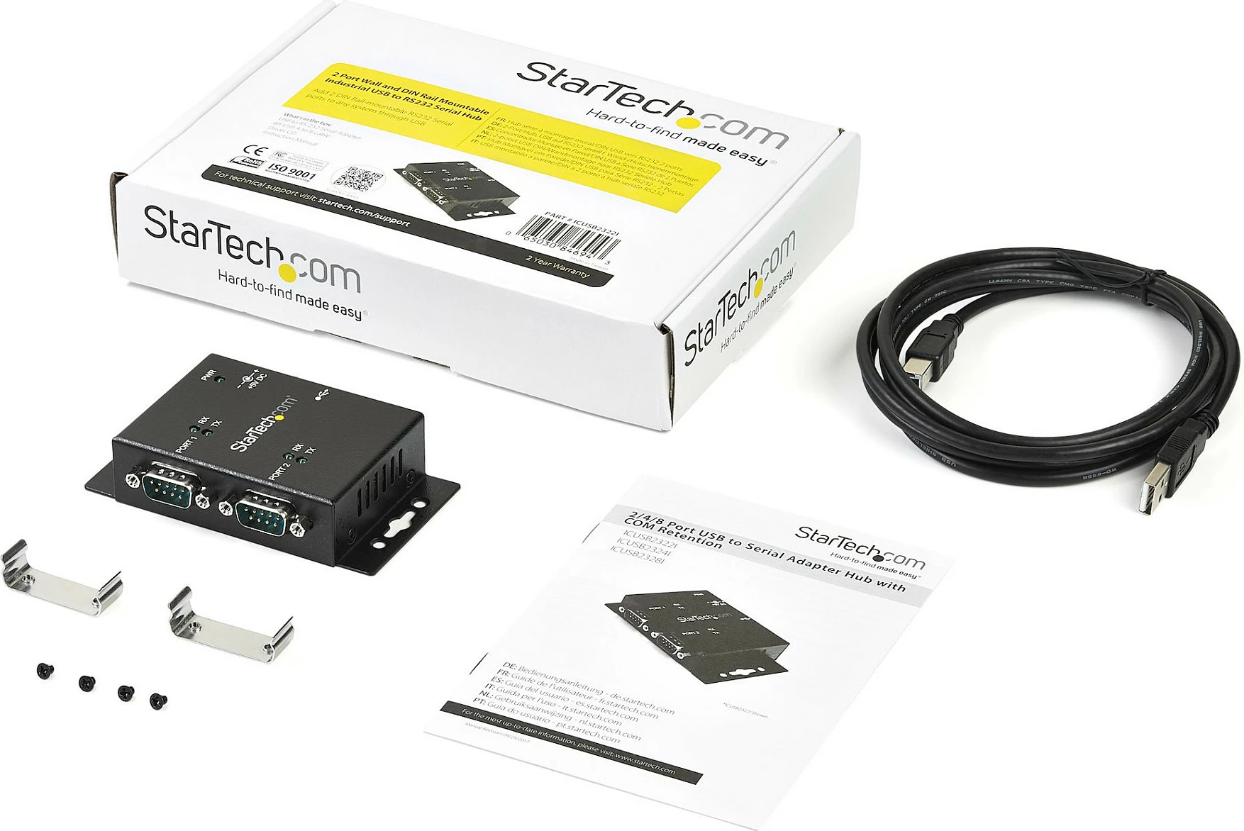 Adapter StarTech ICUSB2322I USB 2.0 Type-B në 2x RS232 Serial, montim DIN Rail/mur, i zi