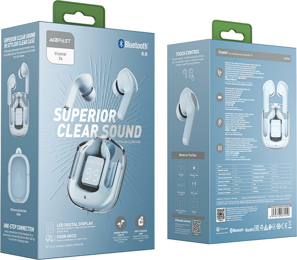 Kufje Acefast T6 TWS wireless, Bluetooth, me ekran LED, Light Blue