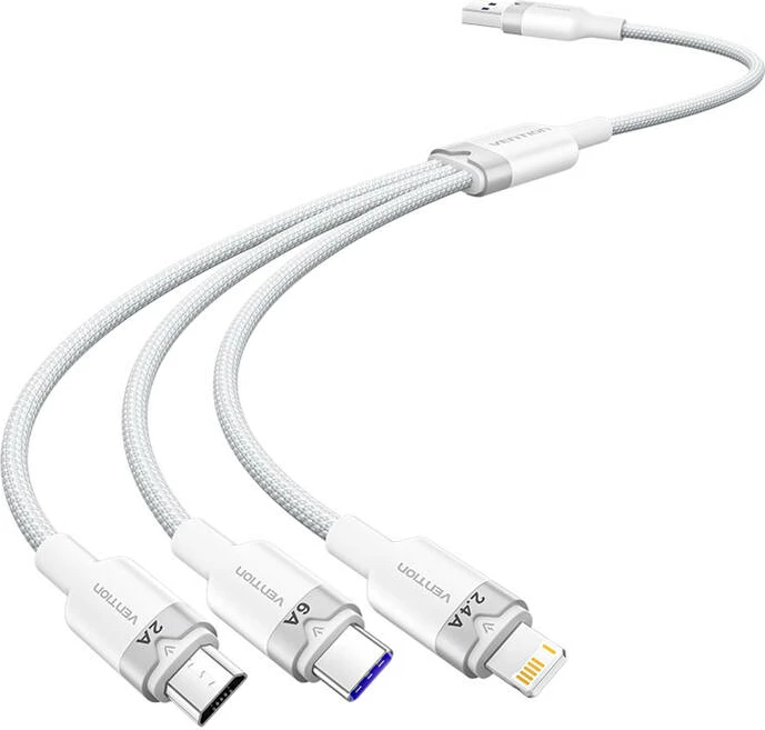 Kabllo 3-në-1 Vention CTRWG, USB 2.0 A në USB-C/Lightning/Micro-B, 1.5m, Bardhë