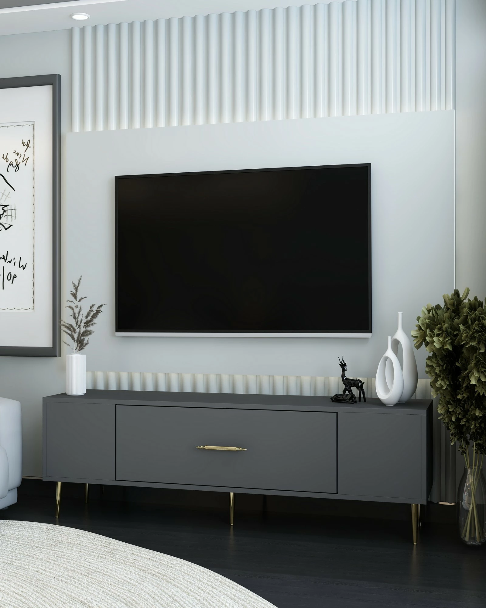 Komodë për TV, ngjyrë antracit dhe ari, Skye Decor