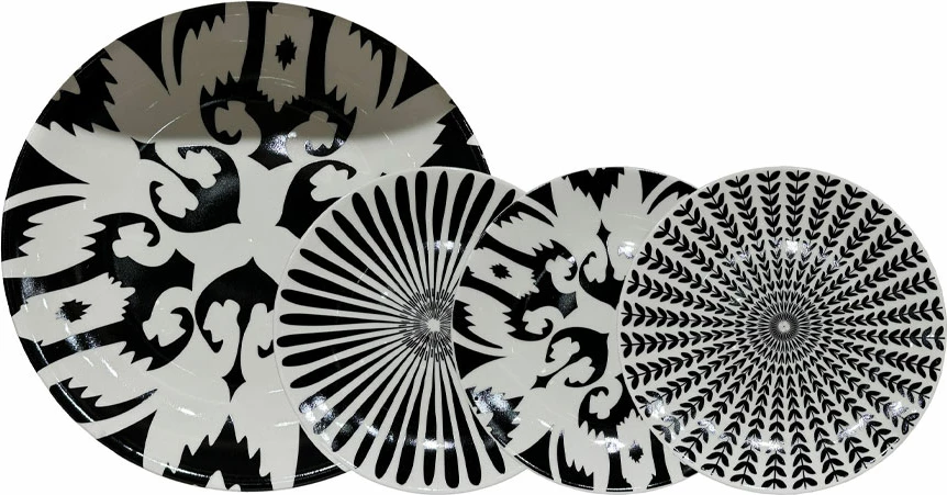 Set pjatash ëmbëlsirash, 7 copë, porcelan i bardhë e zi, 30x30x3cm