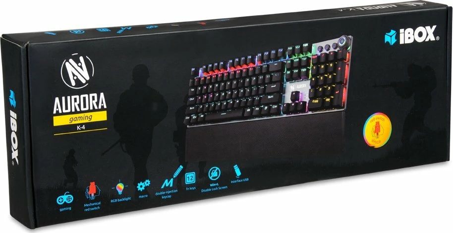 Tastierë mekanike gaming iBOX Aurora K-4 IKGMK4, RGB, KRGD Red Switch, full-size, me mbështetëse dore, argjend