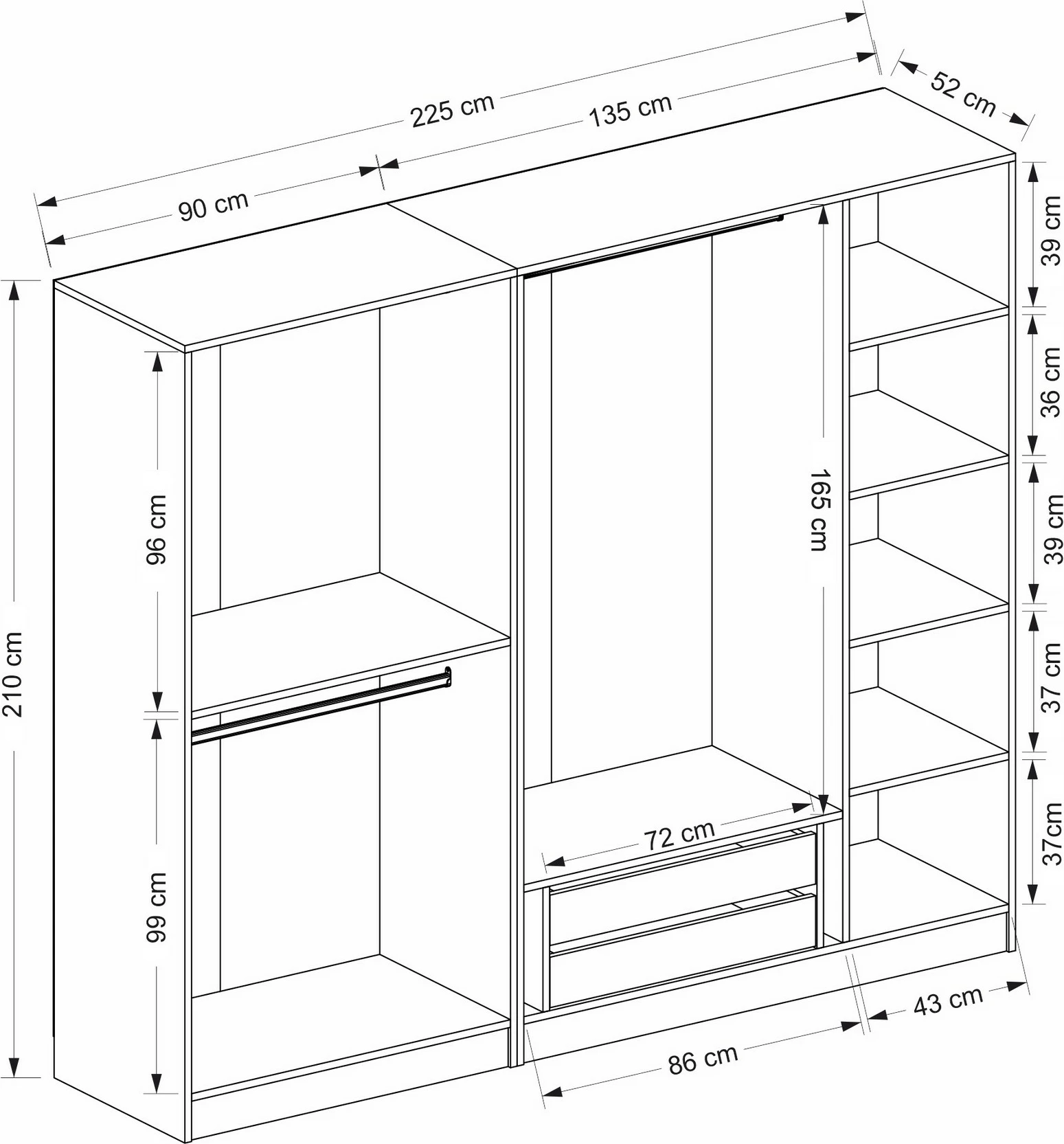 Dollap Skye Decor, i bardhë dhe i zi, 225x210x52cm, 7 pjesë
