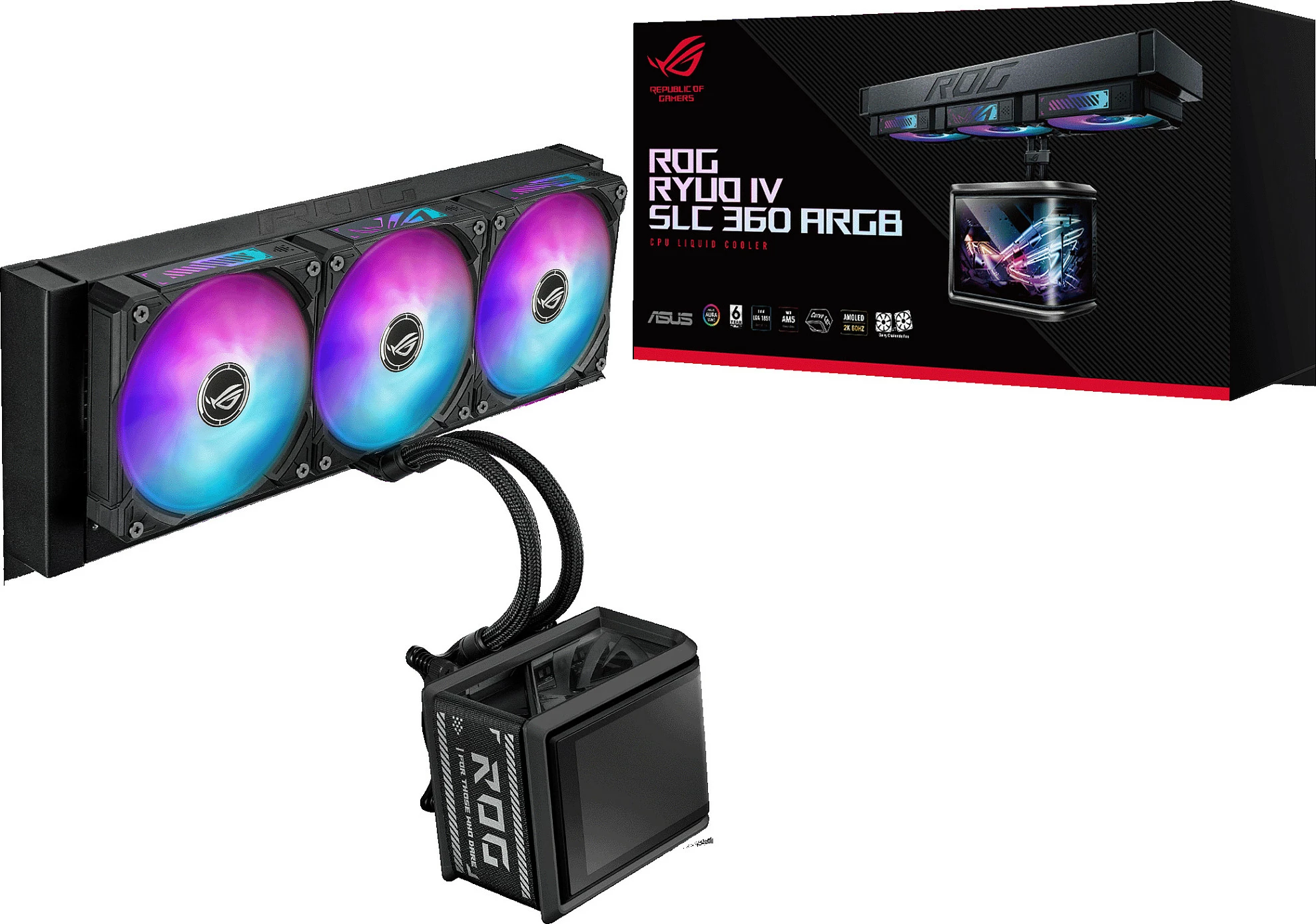 Ftohës uji AIO ASUS ROG RYUO IV SLC 360 ARGB, 3x120mm, AMOLED display, Intel/AMD, i zi