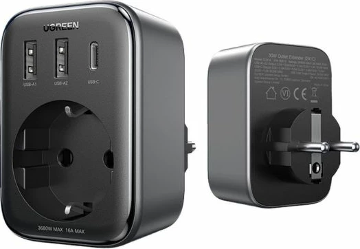 prizë muri USB 4-në-1 UGREEN Nexode 90613 30W PD/QC 2x USB-A + 1x USB-C + prizë Schuko, gri e errët