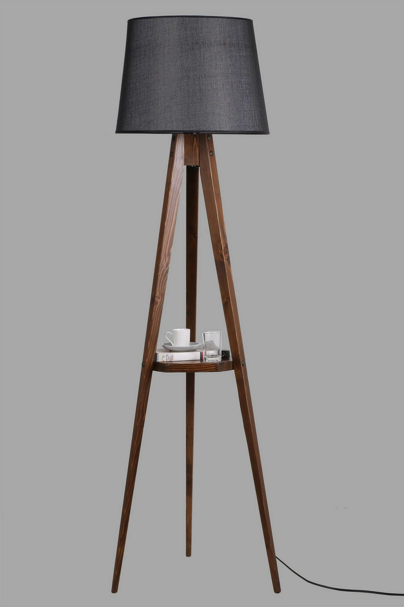 Llambë dyshemeje tripod, trup druri, raft, kapak tekstili, ngjyrë e zezë dhe arre, 160cm