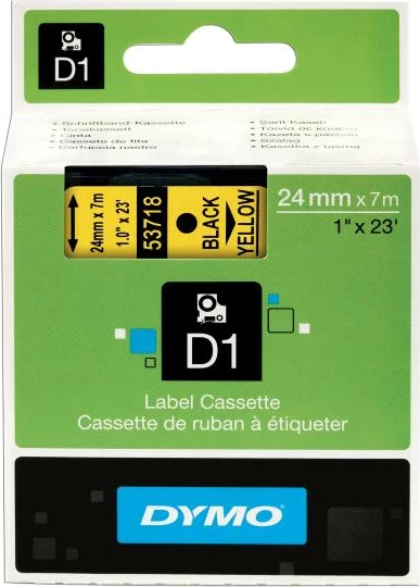Shirit etiketash Dymo D1 53718 (S0720980), 24mm x 7m, verdhë/zi