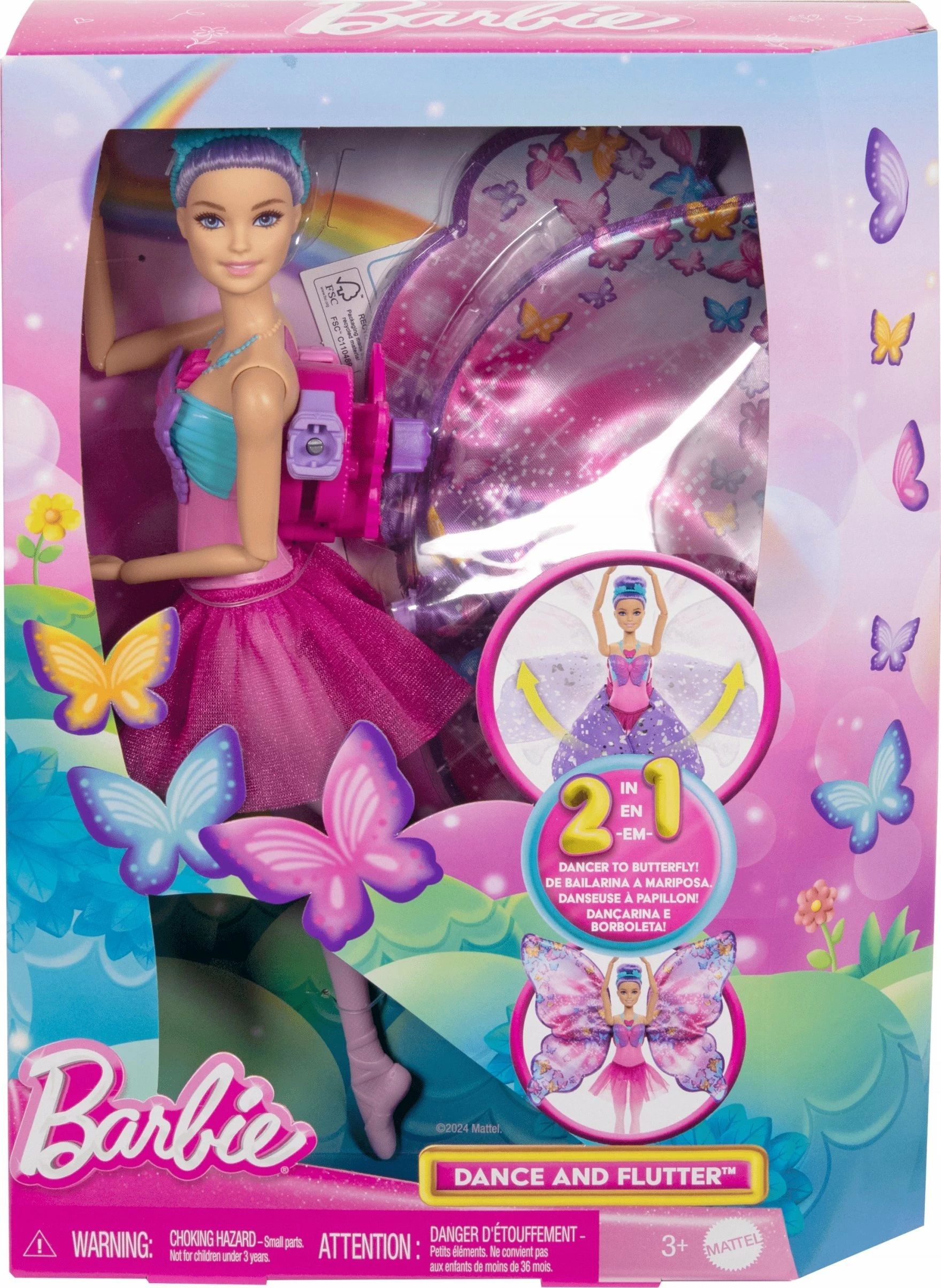 Kukull Mattel Barbie Butterfly Ballerina HXJ10, 2-në-1 me krahë të palosshëm, rozë/vjollcë, 1 copë