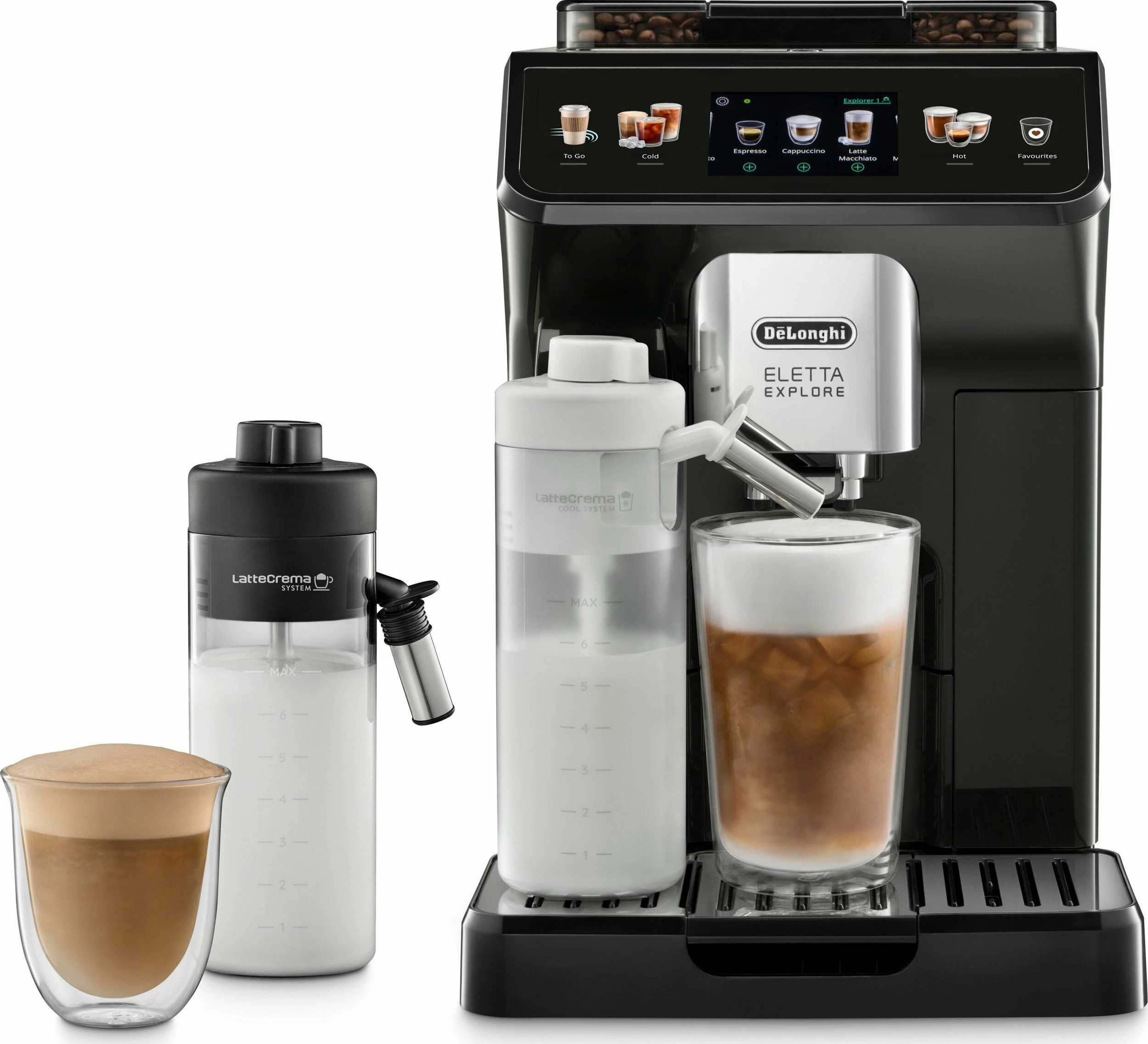 Aparat espresso automatik DeLonghi Eletta Explore ECAM450.65.G 1.8L 19 bar me mulli, Wi‑Fi, ekran TFT 3.5\", zi/gri