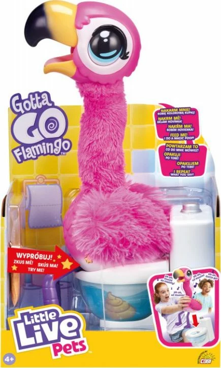 Lodër interaktive flamingo Cobi Little Live Pets 26222, me tinguj dhe përsëritje zëri, 3x AA, rozë, set me tualet + ushqim + lopatë