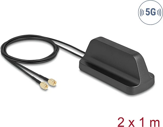 Antenë DeLOCK 5G/LTE/GNSS Wi‑Fi 6 MIMO, 2x SMA, kabllo 2x1 m, IP67, e zezë