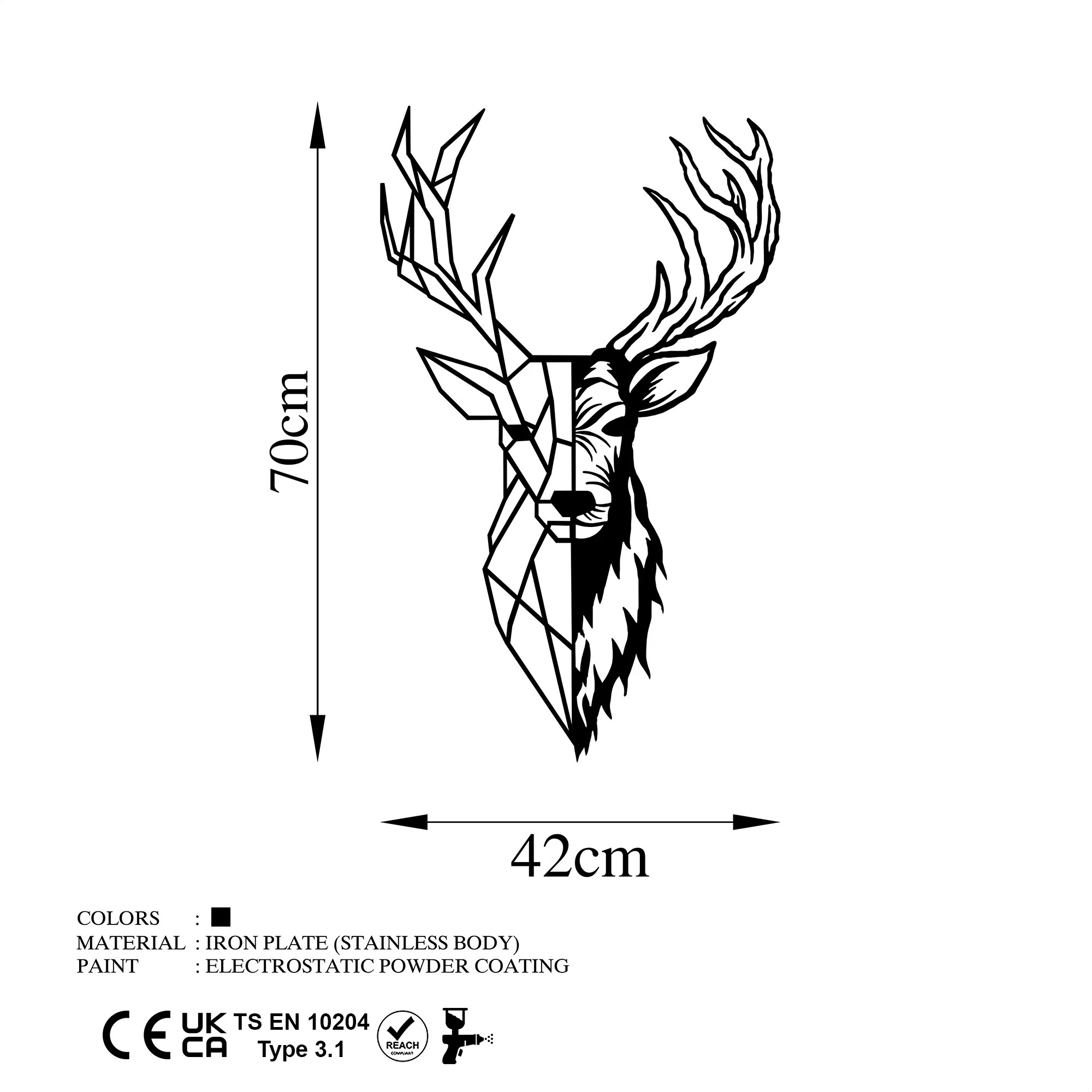 Aksesor dekorativ metalik për mur, Wallity, Red Deer 2, ngjyrë e zezë, 42x70cm