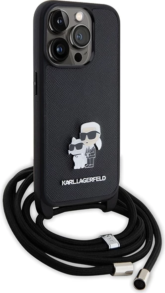 Mbështjellës Karl Lagerfeld Crossbody Saffiano Metal Pin Karl & Choupette për iPhone 15 Pro, e zezë
