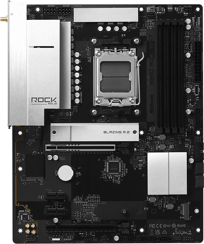 Pllakë amë ASRock B850 Rock WiFi 7, AM5, ATX, HDMI/USB-C, e zezë/argjendtë
