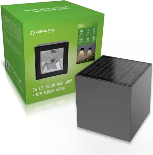 Llambë muri solare LED Asalite ASAL0283 3W 200 lm 4000K IP44 me sensor microwave 100x100 mm, e zezë, 1 copë