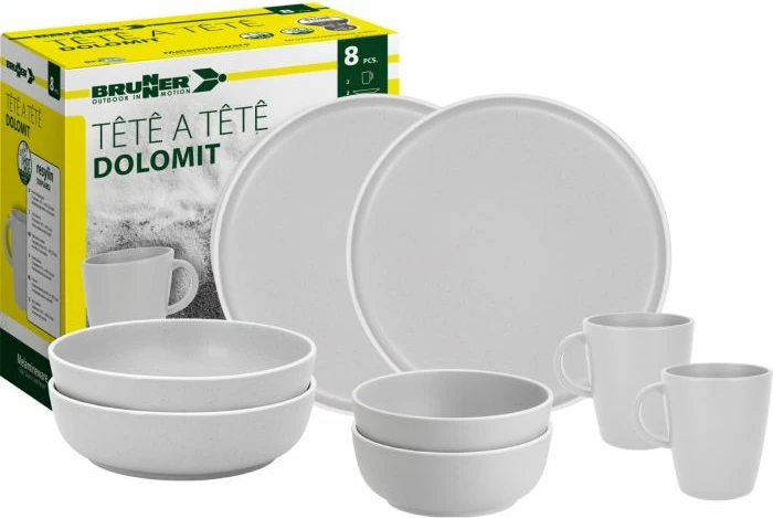 Set enësh kampingu BRUNNER Complete 8 Tête-à-Tête Dolomite, 8 copë/2 persona, melaminë Stone Touch, bardhë